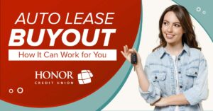 woman holding car keys; white text on red background promoting a blog about auto lease buyouts | Honor Credit Union