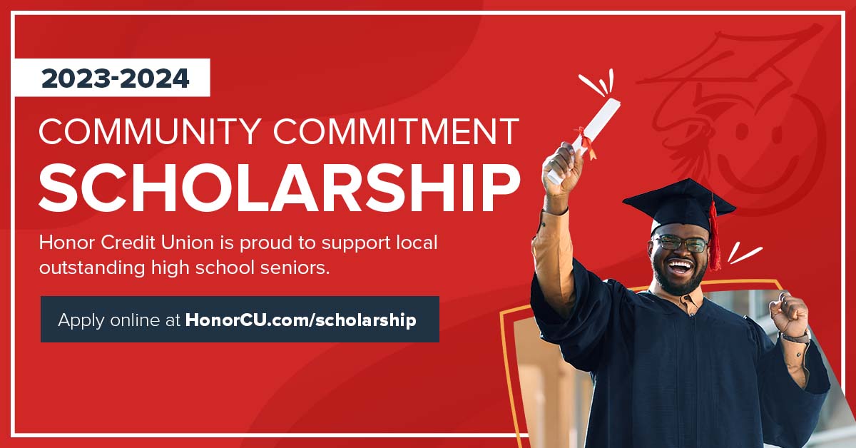 high school student holding a diploma; white text on red background promoting the 2023 honor credit union scholarship campaign