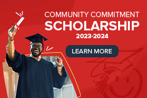 high school student holding a diploma; white text on red background promoting the 2023 honor credit union scholarship campaign