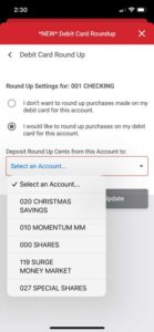 View a sample screenshot of enrolling in Debit Card Round Up in the Honor mobile app screenshot of enrolling in Honor Credit Union Debit Card Round Up program in the Honor app