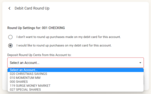 View a sample screenshot of enrolling in Debit Card Round Up in online banking screenshot of enrolling in Honor Credit Union Debit Card Round Up program in online banking