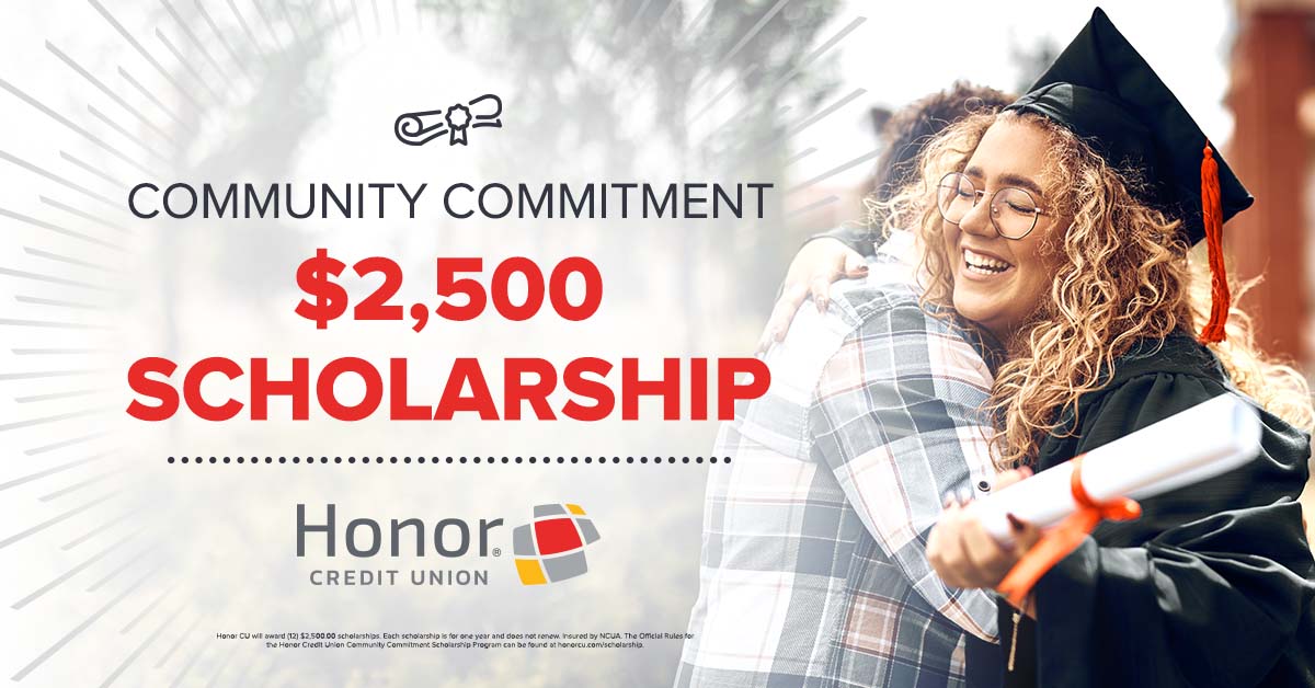 graduate hugging a family member with text on image promoting honor credit union's 2024 scholarship program