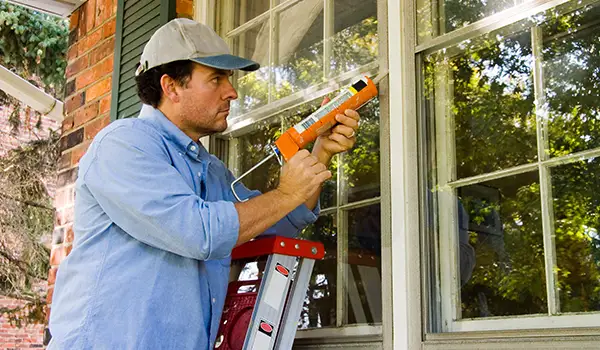 man on a ladder using caulk on a window