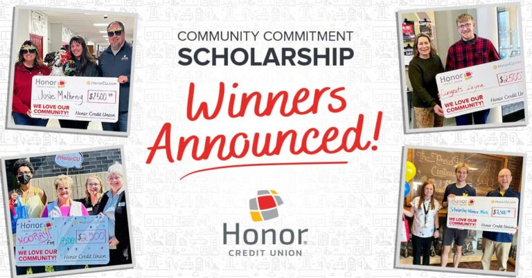image featuring four photos of honor credit union scholarship winners with text on image promoting a press release announcing all winners