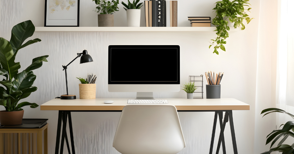 Clean home office with an iMac on a light wood desk, a black adjustable lamp, and potted plants on the desk and shelf above. | Honor Credit Union