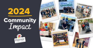 2024 Community Impact, Honor Credit Union sticker logo, Polaroid pictures of staff engaging in community impact projects | Honor Credit Union