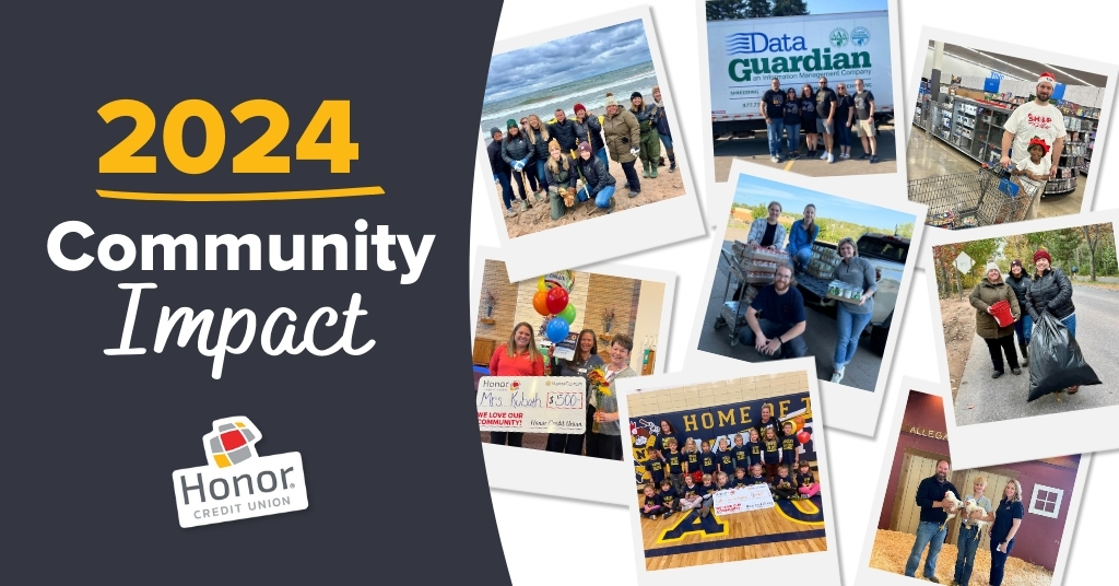 2024 Community Impact, Honor Credit Union sticker logo, Polaroid pictures of staff engaging in community impact projects