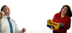 angry banker and friendly Honor employee with casserole with community banner | Honor Credit Union