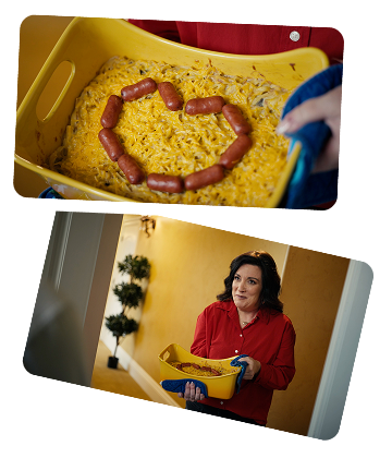 A fun collage of cheesy hot dishes being offered by a friendly Honor employee