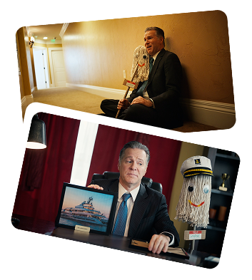 a fun collage of a sad lonely banker and his mop friend