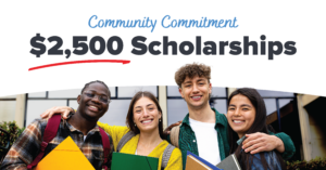 Community Commitment Scholarship, $2,500 Scholarship, students with books at college | Honor Credit Union