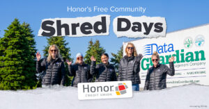 Honor's Free Community Shred Day- Team members waving and the Honor Credit Union logo | Honor Credit Union