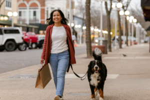 Women shopping and walking her dog. | Honor Credit Union