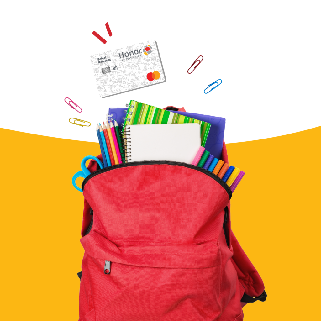 Red backpack open with notebooks, pencils, and colorful supplies ready for school and 2x rewards | Honor Credit Union | Honor Credit Union