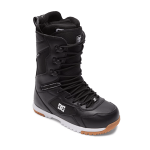 Black DC snow boot with white logo, padded upper, lace-up front, and tan rubber outsole. | Honor Credit Union