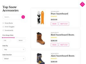 Product listing page for Top Snow Accessories with a left filter panel and right cards for Pure Snowboard and snow boots. | Honor Credit Union