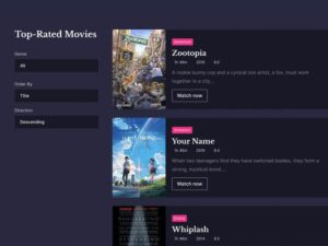 UI of a dark movie list showing Top-Rated Movies with left-side filters and poster cards (Zootopia, Your Name, Whiplash). | Honor Credit Union