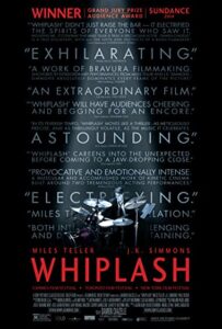 Whiplash movie poster with a drum kit beneath a bold red title and surrounding quotes on a dark background. | Honor Credit Union