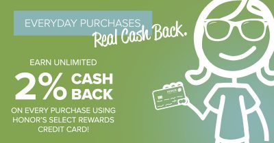 credit card double rewards image showing a stick figure woman holding a credit card with text explaining Select Rewards credit cardholders now earn two times the rewards and cash back