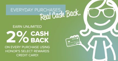image showing a stick figure woman holding a credit card with text explaining Select Rewards credit cardholders now earn two times the rewards and cash back