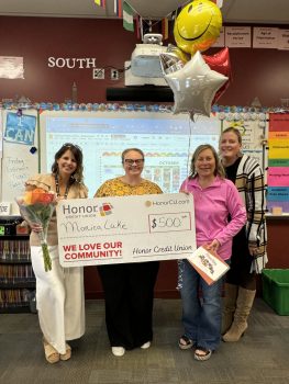 Teacher Awards winner Monica Luke of Buchanan Middle School with Christy Layman: Honor Buchanan Member Center Manager - Karol, Behrle: Honor CDO - Principal Shelby Beasley of BMS