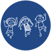 image of three stick figure children jumping on a blue background
