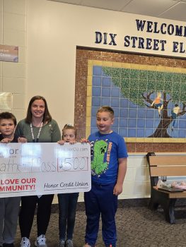 Teacher Awards Winner Heather Moss of Dix Street Elementary in Plainwell, MI with some of her students