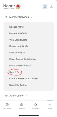 where to find skip a pay on the Honor mobile app