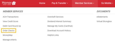 screenshot of online banking menu with Order Checks menu item highlighted